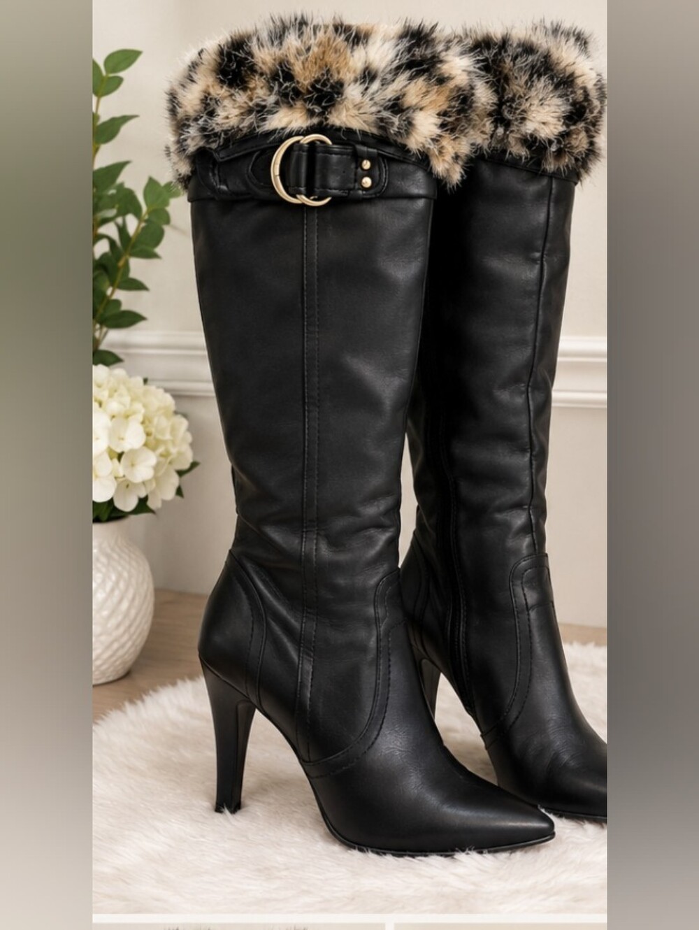Guess Black Faux Fur-Cuff Knee-High Heeled Boots with Gold Buckle